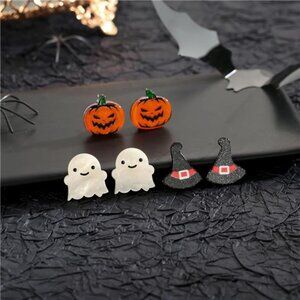 Cute Halloween Stud Earrings Set | Pumpkin, Ghost & Witch Hat Designs.